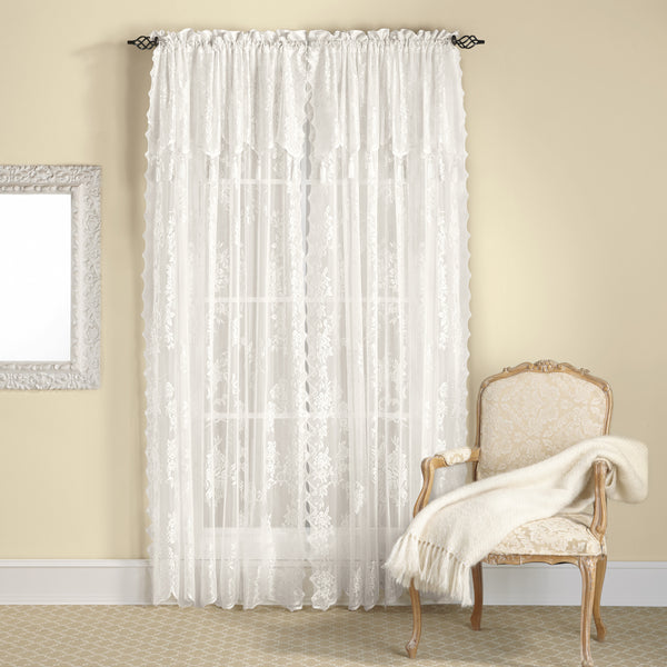 Carly Lace Rod Pocket Panel w/attached Valance - Panel  056x063 Ecru C33174- Marburn Curtains