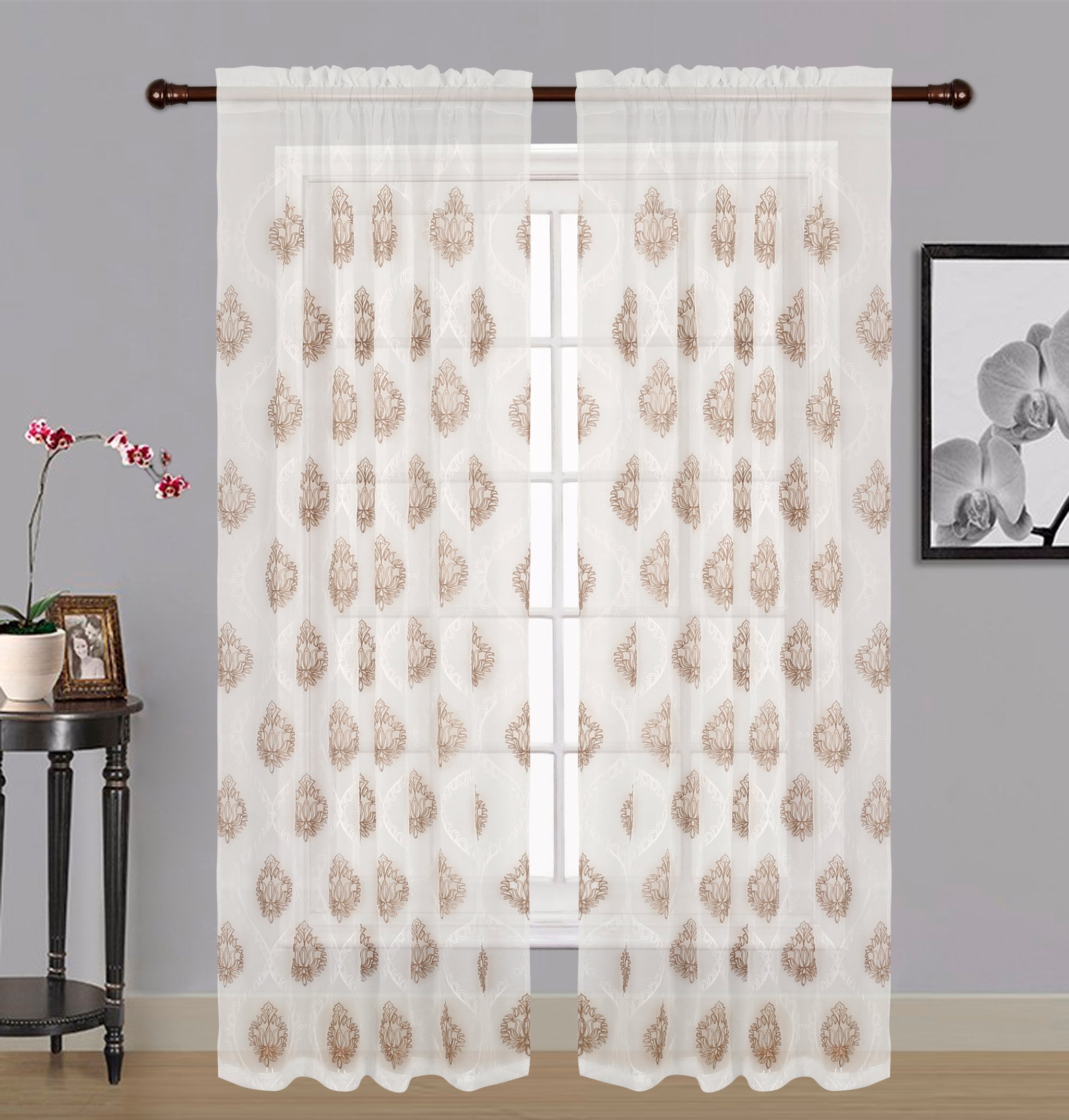 Zoey Sheer Embroidered Rod Pocket Panel 84" - 054x084   Taupe  C42571- Marburn Curtains